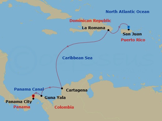 7 Night - San Juan / Panama City - Evrima - Starting in San Juan, Casa de Campo, Cartagena CO, San Blas Islands (Marina Day), Transit Panama Canal, Panama City itinerary map