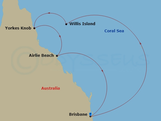 6 Night - Queensland Cruise - Ovation Of The Seas - Starting in Brisbane, Australia, Willis Island (Cruising), Cairns (Yorkeys Knob), Australia, Airlie Beach, Australia, Brisbane, Australia itinerary map