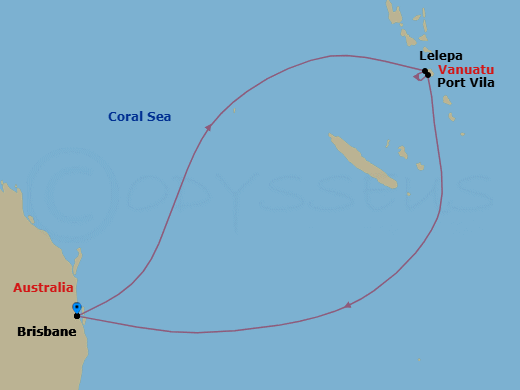 7 Night - Royal Beach Club Lelepa Holiday - Ovation Of The Seas - Starting in Brisbane, Australia, Royal Beach Club Lelepa, Vila, Vanuatu, Brisbane, Australia itinerary map
