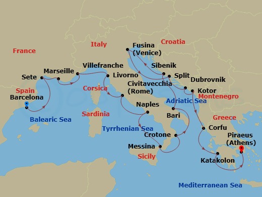 21 Night - Mediterranean & Adriatic Sojourn - Viking Sea - Starting in Barcelona, Sete, Marseille, Villefranche-Sur-Mer, Florence / Pisa (Livorno), Rome (Civitavecchia), Naples, Sicily (Messina), Crotone, Bari, Sibenik, Venice (Fusina), Split, Dubrovnik, Croatia, Kotor, Corfu (Kerkyra), Katakolon (Olympia), Athens (Piraeus) itinerary map