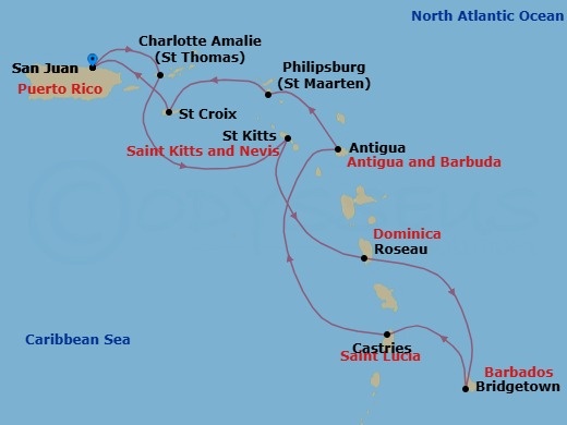 10 Night - West Indies Explorer - Viking Sky - Starting in San Juan, St Thomas (Charlotte Amalie), St Kitts (Basseterre), Roseau, Bridgetown, Castries, St Johns AG, Antigua, Philipsburg, St Croix (Frederiksted), San Juan itinerary map