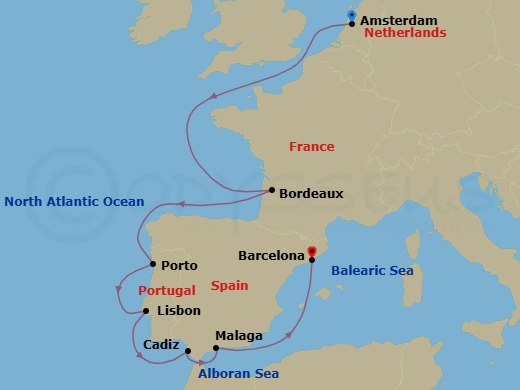 11 Night - Culinary Delights - Seven Seas Mariner - Starting in Amsterdam, Cruising the North Sea, Cruising the Bay of Biscay, Bordeaux, Cruising the Bay of Biscay, Oporto, Lisbon, Cadiz, Malaga, Cruising the Mediterranean Sea, Barcelona itinerary map