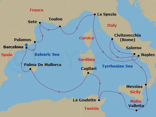 15 Night - Cathedrals & Castanets - Seven Seas Voyager - Starting in Barcelona, Palamos, Sete, Toulon, La Spezia (Cinque Terre), Cruising the Tyrrhenian Sea, Salerno, Rome (Civitavecchia), Naples / Pompeii, Messina (Sicily), Valletta, La Goulette, Cagliari (Sardinia), Cruising the Mediterranean Sea, Palma De Mallorca, Barcelona itinerary map