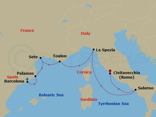 7 Night - Culinary Towns & Villages - Seven Seas Voyager - Starting in Barcelona, Palamos, Sete, Toulon, La Spezia (Cinque Terre), Cruising the Tyrrhenian Sea, Salerno, Rome (Civitavecchia) itinerary map