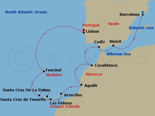 12 Night - Journey to El Teide - Seven Seas Voyager - Starting in Barcelona, Cruising the Mediterranean Sea, Granada (Motril), Cadiz, Casablanca, Agadir, Arrecife (Lanzarote), Las Palmas De Gran Canaria, Santa Cruz de Tenerife, Santa Cruz de La Palma, Funchal (Madeira), Cruising the Atlantic Ocean, Lisbon itinerary map