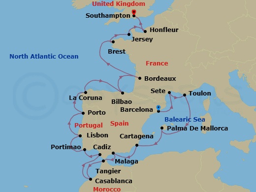 22 Night - Dreams Between Shores - Seven Seas Voyager - Starting in Barcelona, Sete, Toulon, Cruising the Balearic Sea, Palma De Mallorca, Cartagena ES, Malaga, Tangier, Casablanca, Cadiz, Portimao, Lisbon, Oporto, La Coruna, Bilbao, Cruising the Bay of Biscay, Bordeaux, Cruising the Bay of Biscay, Brest, St Helier, Paris (Honfleur), London (Southampton) itinerary map