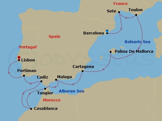 11 Night - Majestic Malaga & Storied Seville - Seven Seas Voyager - Starting in Barcelona, Sete, Toulon, Cruising the Balearic Sea, Palma De Mallorca, Cartagena ES, Malaga, Tangier, Casablanca, Cadiz, Portimao, Lisbon itinerary map