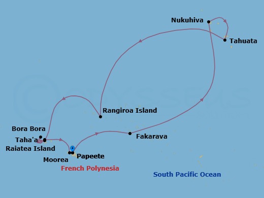 11 Night - Papeete to Papeete - Silver Whisper - Starting in Papeete (Tahiti), Fakarava, Tuamotu Archipelago, Nuku Hiva, Marquesas Islands, Tahuata, Marquesas Islands, Rangiroa, Raiatea, Bora Bora (Society Islands), Motu Tahaa, Moorea Island, Papeete (Tahiti) itinerary map