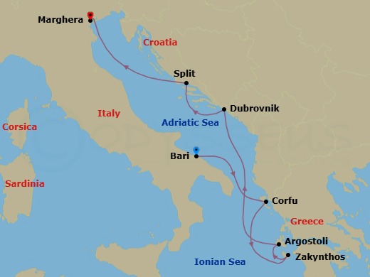 6 Night - Eastern Mediterranean from Bari to Marghera - Costa Deliziosa - Starting in Bari, Italy, Corfu, Greece, Ionian sea darkest spot, Zakynthos, Argostoli / Cephalonia, Greece, Dubrovnik, Croatia, Split, Venice (Marghera) itinerary map