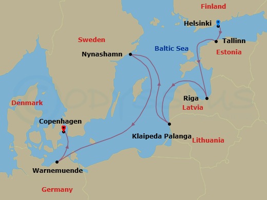 11 Night - Timeless Finland Pre Cruisetour - Norwegian Jewel Tours - Starting in At Hotel, Helsinki, Finland, Tallinn, Estonia, Riga, Latvia, Klaipeda, Lithuania, Nynashamn / Stockholm, Sweden, Warnemunde / Berlin, Germany, Copenhagen, Denmark itinerary map