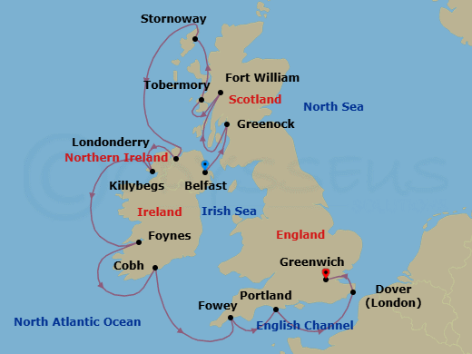 14 Night - British Isles & Ireland - Viking Libra - Starting in Belfast, Glasgow (Greenock), Fort William, Tobermory, Lewis and Harris (Stornoway), Scotland, Londonderry, Killybegs, Foynes (Limerick), Cobh (Cork), Fowey, Portland UK, Dover UK, London (Greenwich) itinerary map