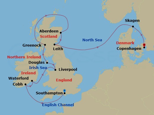 12 Night - Southampton to Copenhagen - Silver Spirit - Starting in Southampton, Cobh, Waterford (Dunmore East), Liverpool, Isle of Man (Douglas), Greenock (Glasgow), Scotland, Aberdeen, Edinburgh (Leith), Skagen, Copenhagen itinerary map