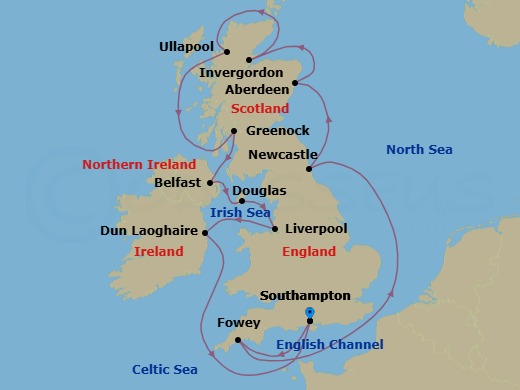 14 Night - Cloak of the Isles - Seven Seas Prestige - Starting in London (Southampton), Fowey, Cruising the North Sea, Newcastle UK, Aberdeen, Invergordon, United Kingdom, Ullapool, Cruising the Atlantic Ocean, Glasgow (Greenock), Belfast, Douglas, Liverpool, Dun Laoghaire, Cruising the Celtic Sea, London (Southampton) itinerary map