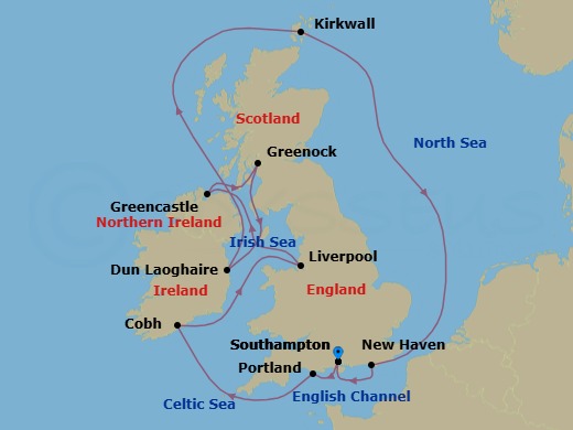 12 Night - Ireland & the Isles - Seven Seas Voyager - Starting in London (Southampton), Portland UK, Cruising the Celtic Sea, Cork (Cobh), Liverpool, Greencastle, Glasgow (Greenock), Dun Laoghaire, Cruising the Atlantic Ocean, Kirkwall (Orkney Islands), Edinburgh (Newhaven), Cruising the North Sea, London (Southampton) itinerary map