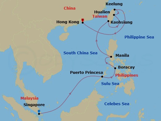 12 Night - Philippines & Taiwan - Noordam - Starting in Singapore, Puerto Princesa, Philippines, Boracay, Philippines, Manila, Philippines, Kaohsiung, Taiwan, Hualien, Taiwan, Keelung (Taipei), Taiwan, Hong Kong, China itinerary map