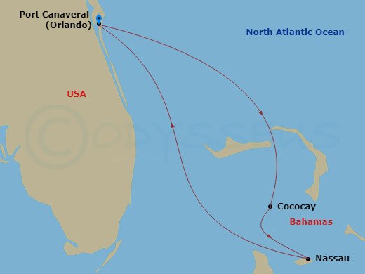 4 Night - Perfect Day Cococay & Bahamas - Adventure of the Seas - Starting in Orlando (Port Canaveral), Fl, Perfect Day Cococay, Bahamas, Nassau, Bahamas, Orlando (Port Canaveral), Fl itinerary map