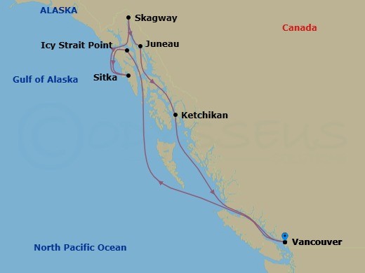 9 Night - Alaska Adventure Cruise - Anthem of the Seas - Starting in Vancouver, British Columbia, Icy Strait Point, Alaska, Sitka, Alaska, Hubbard Glacier (Cruising), Skagway, Alaska, Juneau, Alaska, Ketchikan, Alaska, Vancouver, British Columbia itinerary map