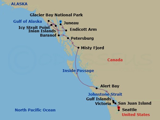 13 Night - Treasures of the Inside Passage - National Geographic Quest - Starting in Juneau, Alaska / Embark Ship, Endicott Arm, Inian Islands / Icy Strait, Glacier Bay National Park, Baranof or Chichagof Island, Petersburg, Misty Fjords, Inside Passage of British Columbia, Alert Bay and Johnstone Strait, British Columbia, Gulf Islands, Victoria CA, Canada, San Juan Islands, Washington, Seattle / Disembark Ship itinerary map