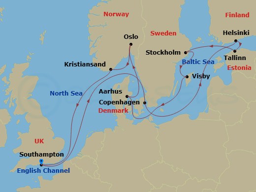 14 Night - Best of Scandinavia Cruise - Celebrity Apex - Starting in Southampton, England, Copenhagen, Denmark, Helsinki, Finland, Tallinn, Estonia, Stockholm, Sweden, Visby, Sweden, Aarhus, Denmark, Oslo, Norway, Kristiansand, Norway, Southampton, England itinerary map