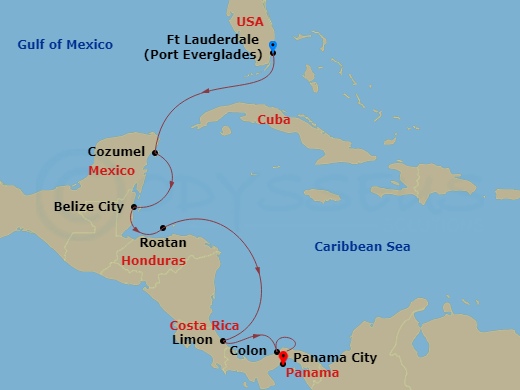 10 Night - Classic Panama Canal Passage - Viking Mars - Starting in Fort Lauderdale, Florida, Sail the Caribbean Sea, Cozumel, Mexico, Belize City, Roatan, Sail the Caribbean Sea, Puerto Limon, Colon, Scenic Sailing Panama Canal, Panama City (Fuerte Amador) itinerary map