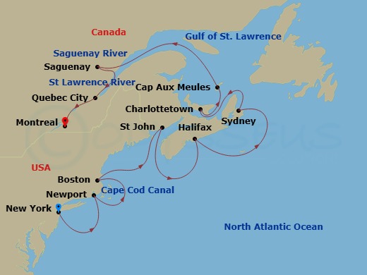 12 Night - Canada & New England Intensive Cruise : Newport, Halifax, Charlottetown - Azamara Journey - Starting in New York City, New York, Newport, Rhode Island, Cape Cod Canal Cruising, Boston, Massachusetts, Saint John NB, New Brunswick, Halifax, Nova Scotia, Sydney NS, Nova Scotia, Charlottetown, Prince Edward Island, Cap-aux-meules, Magdalen Islands, Scenic Cruising Saguenay Fjord, Saguenay, Quebec, Quebec City, Quebec, Montreal, Quebec itinerary map