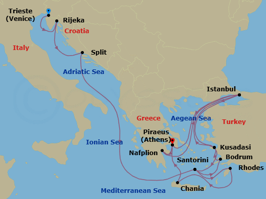 21 Night - Croatia, Greece & Istanbul Collectors' Voyage - Oosterdam - Starting in Trieste (Venice), Italy, Rijeka, Croatia, Split, Croatia, Thira (Santorini), Greece, Bodrum, Turkey, Kusadasi (Ephesus), Turkey, Istanbul, Turkey, Cruising the Dardanelles, Piraeus (Athens), Greece, Nafplion, Greece, Istanbul, Turkey, Kusadasi (Ephesus), Turkey, Thira (Santorini), Greece, Rhodes, Greece, Souda (Chania), Greece, Piraeus (Athens), Greece itinerary map