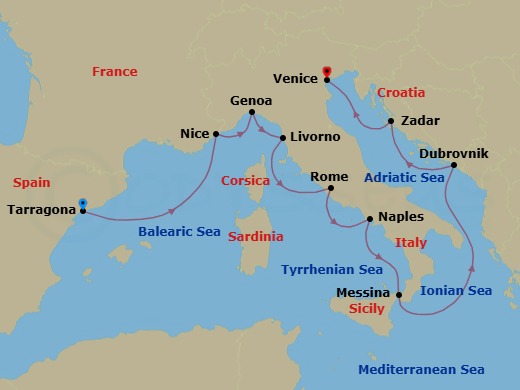 15 Night - Star Collector : Winter in Europe's Rivieras & Croatia - Star Explorer - Starting in Tarragona (Barcelona), Nice, Genoa, Livorno, Civitavecchia, Rome, Naples, Messina, Taormina, Dubrovnik, Croatia, Zadar, Venice itinerary map
