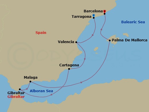 9 Night - Southern Spain Winter Escapes - Star Explorer - Starting in Tarragona (Barcelona), Valencia, Cartagena ES, Gibraltar, Malaga, Palma De Mallorca, Barcelona itinerary map