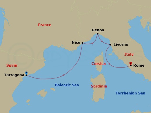 7 Night - Europe's Winter Riviera - Star Explorer - Starting in Tarragona (Barcelona), Nice, Genoa, Livorno, Civitavecchia, Rome itinerary map