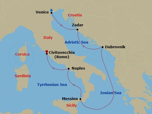 8 Night - Winter Italy and the Dalmatian Coast - Star Explorer - Starting in Venice, Zadar, Dubrovnik, Croatia, Messina, Taormina, Naples, Civitavecchia, Rome itinerary map
