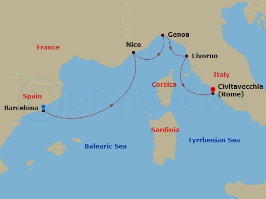 7 Night - Europe's Winter Riviera - Star Explorer - Starting in Barcelona, Nice, Genoa, Livorno, Civitavecchia, Rome itinerary map