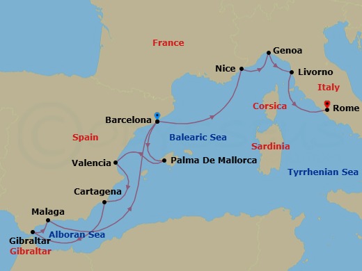 16 Night - Star Collector : Winter in Spain and the Rivieras - Star Explorer - Starting in Barcelona, Palma De Mallorca, Valencia, Cartagena ES, Gibraltar, Malaga, Barcelona, Nice, Genoa, Livorno, Civitavecchia, Rome itinerary map
