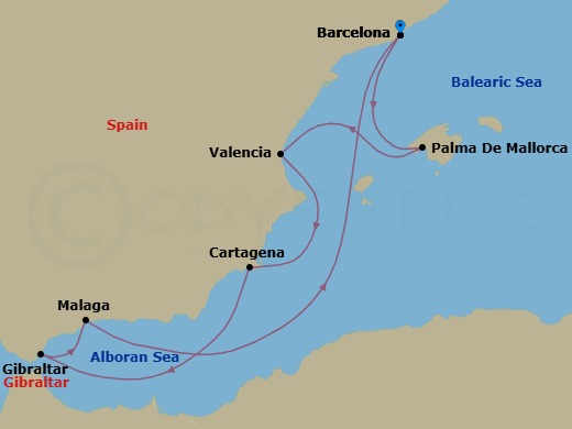 9 Night - Southern Spain Winter Escapes - Star Explorer - Starting in Barcelona, Palma De Mallorca, Valencia, Cartagena ES, Gibraltar, Malaga, Barcelona itinerary map