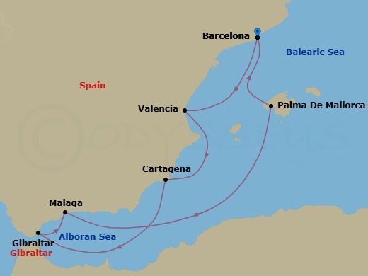 9 Night - Southern Spain Winter Escapes - Star Explorer - Starting in Barcelona, Valencia, Cartagena ES, Gibraltar, Malaga, Palma De Mallorca, Barcelona itinerary map