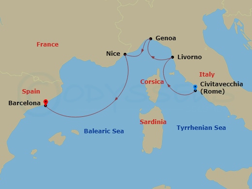 7 Night - Europe's Winter Riviera - Star Explorer - Starting in Civitavecchia, Rome, Livorno, Genoa, Nice, Barcelona itinerary map