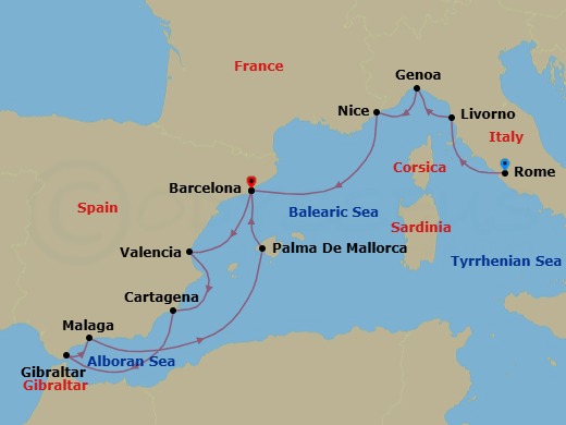16 Night - Star Collector : Winter in Spain and the Rivieras - Star Explorer - Starting in Civitavecchia, Rome, Livorno, Genoa, Nice, Barcelona, Valencia, Cartagena ES, Gibraltar, Malaga, Palma De Mallorca, Barcelona itinerary map