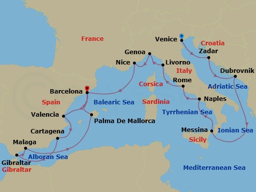 24 Night - Star Collector : Winter Mediterranean Adventure - Star Explorer - Starting in Venice, Zadar, Dubrovnik, Croatia, Messina, Taormina, Naples, Civitavecchia, Rome, Livorno, Genoa, Nice, Barcelona, Valencia, Cartagena ES, Gibraltar, Malaga, Palma De Mallorca, Barcelona itinerary map