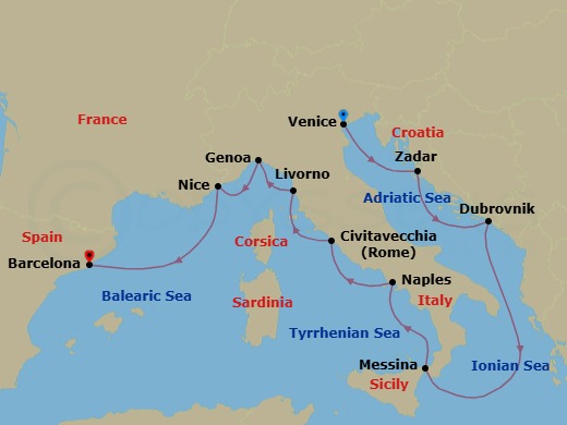 15 Night - Star Collector : Winter in Europe's Rivieras & Croatia - Star Explorer - Starting in Venice, Zadar, Dubrovnik, Croatia, Messina, Taormina, Naples, Civitavecchia, Rome, Livorno, Genoa, Nice, Barcelona itinerary map