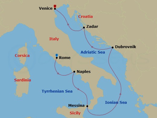 8 Night - Winter Italy and the Dalmatian Coast - Star Explorer - Starting in Civitavecchia, Rome, Naples, Messina, Taormina, Dubrovnik, Croatia, Zadar, Venice itinerary map