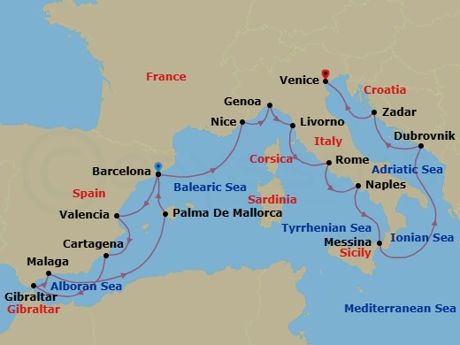 24 Night - Star Collector : Winter Mediterranean Adventure - Star Explorer - Starting in Barcelona, Valencia, Cartagena ES, Gibraltar, Malaga, Palma De Mallorca, Barcelona, Nice, Genoa, Livorno, Civitavecchia, Rome, Naples, Messina, Taormina, Dubrovnik, Croatia, Zadar, Venice itinerary map