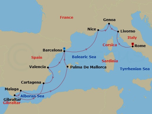 16 Night - Star Collector : Winter in Spain and the Rivieras - Star Explorer - Starting in Barcelona, Valencia, Cartagena ES, Gibraltar, Malaga, Palma De Mallorca, Barcelona, Nice, Genoa, Livorno, Civitavecchia, Rome itinerary map