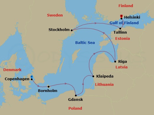 8 Night - Seven Gems of the Baltic - Star Explorer - Starting in Copenhagen, Gudhjem, Bornholm, Gdansk, Klaipeda, Riga, Stockholm, Tallinn, Helsinki itinerary map