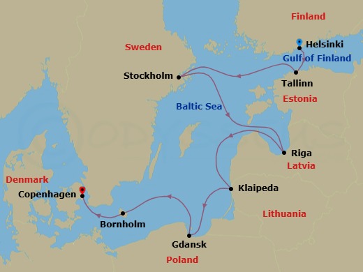 8 Night - Seven Gems of the Baltic - Star Explorer - Starting in Helsinki, Tallinn, Stockholm, Riga, Klaipeda, Gdansk, Gudhjem, Bornholm, Copenhagen itinerary map