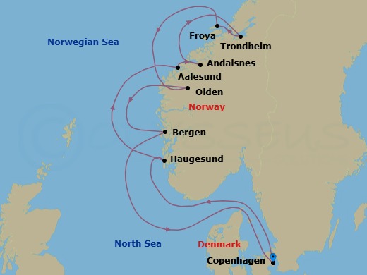 10 Night - Endless Days in Norway - Star Explorer - Starting in Copenhagen, Haugesund, Alesund, Andalsnes, Trondheim, Froya / Sistranda Liggeka, Olden / Loen, Bergen, Copenhagen itinerary map
