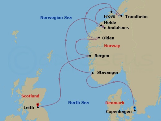 10 Night - Endless Days in Norway - Star Explorer - Starting in Copenhagen, Stavanger, Molde, Andalsnes, Trondheim, Froya / Sistranda Liggeka, Olden / Loen, Bergen, Leith, Edinburgh, Scotland itinerary map