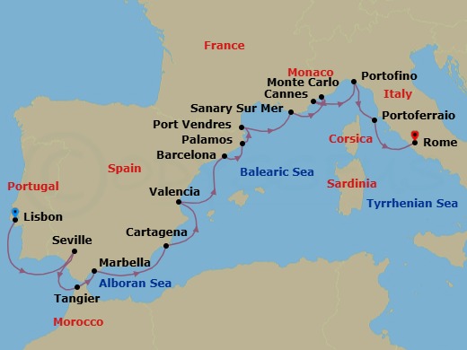 16 Night - Star Collector : Wonders of Andalusia, Provence & Tuscany - Star Explorer - Starting in Lisbon, Cruising Guadalquivir River, Seville, Tangier, Marbella / Puerto Banus, Cartagena ES, Valencia, Barcelona, Palamos, Port Vendres, Sanary-sur-mer, Monte Carlo, Cannes, Portofino, Portoferraio, Civitavecchia, Rome itinerary map