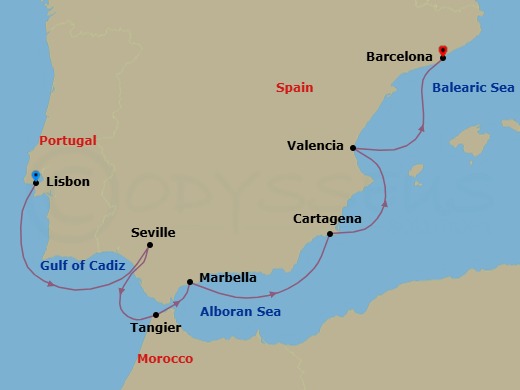 8 Night - Moroccan Markets & Iberian Icons - Star Explorer - Starting in Lisbon, Cruising Guadalquivir River, Seville, Tangier, Marbella / Puerto Banus, Cartagena ES, Valencia, Barcelona itinerary map