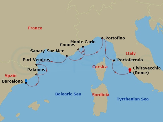 8 Night - Yachtsman's Harbors of the Rivieras - Star Explorer - Starting in Barcelona, Palamos, Port Vendres, Sanary-sur-mer, Monte Carlo, Cannes, Portofino, Portoferraio, Civitavecchia, Rome itinerary map