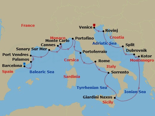 16 Night - Star Collector : Italian Trio - Star Explorer - Starting in Barcelona, Palamos, Port Vendres, Sanary-sur-mer, Monte Carlo, Cannes, Portofino, Portoferraio, Civitavecchia, Rome, Sorrento, Giardini Naxos, Taormina, Kotor, Dubrovnik, Croatia, Split, Rovinj, Venice itinerary map