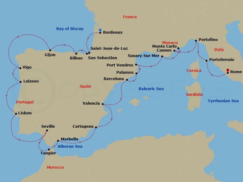 24 Night - Star Collector : Seaside Sophistication of Spain and the French & Italian Rivieras - Star Explorer - Starting in Bordeaux, Cruising Garonne River, Saint-jean-de-luz, Biarritz, Pasaia / Pasajes, Getxo, Bilbao, Gijon, Spain, Vigo, Leixoes, Porto, Lisbon, Cruising Guadalquivir River, Seville, Tangier, Marbella / Puerto Banus, Cartagena ES, Valencia, Barcelona, Palamos, Port Vendres, Sanary-sur-mer, Monte Carlo, Cannes, Portofino, Portoferraio, Civitavecchia, Rome itinerary map
